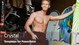  Presentation with optimistic - Slide set featuring photo of strong handsome optimistic young man surfer at the beach in garage background and a tawny brown colored foreground