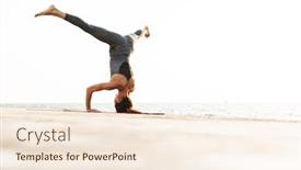  Presentation with standing strong - Presentation design enhanced with photo of strong sportswoman in tracksuit standing on her head while practicing yoga by seaside in morning background and a cream colored foreground