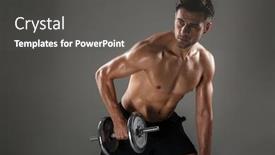  Presentation with exercises - Audience pleasing slides consisting of photo of strong young concentrated sports man make sports exercises with dumbbell isolated over grey wall background looking aside backdrop and a dark gray colored foreground