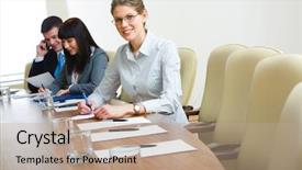  Presentation with conference table - PPT theme enhanced with photo of student sitting at the table at business conference background and a coral colored foreground