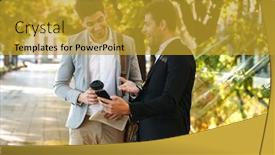 Presentation with green coffee - Presentation theme with photo of stylish businessmen in suits using smartphone while walking outdoor through green park with takeaway coffee during sunny day background and a gold colored foreground
