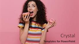  Presentation with donuts pink - Colorful PPT theme enhanced with photo of stylish woman 20s with curly hair having fun and holding donuts isolated over pink background backdrop and a coral colored foreground