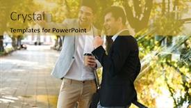  Presentation with green coffee - Cool new presentation theme with photo of successful business men in suits using smartphone while walking outdoor through green park with takeaway coffee during sunny day backdrop and a gold colored foreground