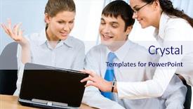  Presentation with new business ideas - Audience pleasing slides consisting of photo of successful business partners speaking about new working ideas while looking at laptop screen at meeting backdrop and a sky blue colored foreground