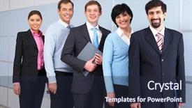  Presentation with employees - PPT theme enhanced with photo of successful employees looking at camera background and a wine colored foreground