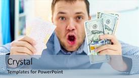  Presentation with lottery ticket - Slide set having photo of suprised man background and a light blue colored foreground
