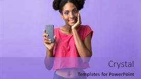  Presentation with african violet - Beautiful presentation theme featuring photo of surprised african american woman smiling and holding mobile phone isolated over violet background backdrop and a light blue colored foreground