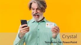  Presentation with man holding phone - Amazing slide set having photo-of-surprised-grey-haired backdrop and a mint green colored foreground