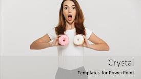  Presentation with donuts - Slide deck featuring photo of surprised young woman standing isolated over grey wall background holding donuts in front of chest background and a light gray colored foreground