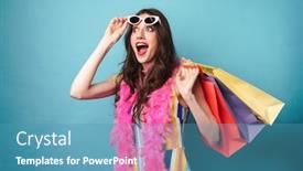  Presentation with photo - Cool new PPT theme with photo-of-surprised-young-woman backdrop and a teal colored foreground