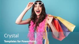  Presentation with bag - Slides featuring photo-of-surprised-young-woman background and a teal colored foreground