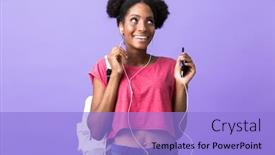  Presentation with african violet - Presentation theme with photo of teenage african american woman student wearing backpack and white headphones holding smartphone isolated over violet background background and a light blue colored foreground