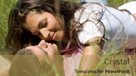  Presentation with tender coconut - Beautiful slide set featuring photo of tender girl embracing her boyfriend while lying on grass backdrop and a gold colored foreground