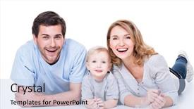  Presentation with parents - Slides consisting of photo of the smiling young parents with little child lying on the floor - isolated on white background background and a light blue colored foreground