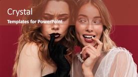  Presentation with demon - Cool new PPT theme with photo of thinking women demon and angel in carnival costumes isolated over red wall background backdrop and a red colored foreground