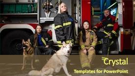  Presentation with fire truck - Audience pleasing PPT theme consisting of photo of three firewomen fireman backdrop and a tawny brown colored foreground