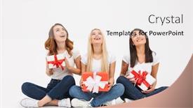  Presentation with three - Colorful theme enhanced with photo of three young cute girls friends sitting isolated over white background looking aside holding surprise gifts boxes backdrop and a white colored foreground