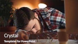  Presentation with cage - Cool new theme with photo of tired bearded designer dressed in shirt in a cage sleeping in office late at night backdrop and a tawny brown colored foreground