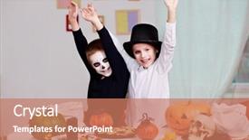  Presentation with joy - Cool new PPT theme with photo of twin eerie boys raising arms in joy at halloween table backdrop and a coral colored foreground