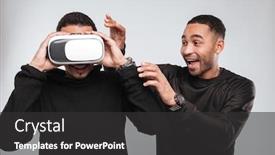  Presentation with african american men - Slide deck featuring photo of two attractive smiling african american young men standing and laughing while using 3d virtual reality device background and a dark gray colored foreground
