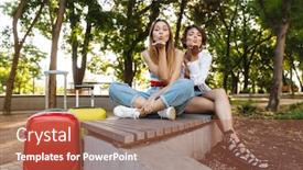  Presentation with kiss - Presentation design consisting of photo of two attractive tourist women blowing air kiss while sitting on bench with luggages in green park background and a coral colored foreground