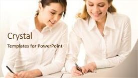  Presentation with business women - Audience pleasing presentation consisting of photo of two business women working with documents and writing something on paper backdrop and a cream colored foreground