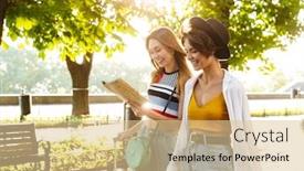  Presentation with green city - Beautiful slide deck featuring photo of two cheerful beautiful women smiling and holding map while walking with suitcases at green city boulevard backdrop and a lemonade colored foreground