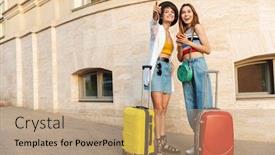  Presentation with city street - PPT layouts having photo of two cheerful tourist women smiling and walking with suitcases on city street background and a coral colored foreground