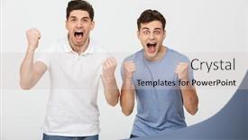  Presentation with photo - Audience pleasing slide deck consisting of photo of two ecstatic men 30s wearing casual t-shirt and jeans shouting and rejoicing victory with clenching fists isolated over white background backdrop and a lemonade colored foreground