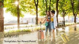  Presentation with green city - Colorful slide set enhanced with photo of two joyful beautiful women smiling and holding map while walking with suitcases at green city boulevard backdrop and a coral colored foreground