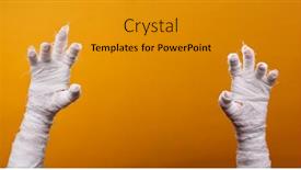  Presentation with empty - Cool new PPT theme with photo of two mummy hands on empty orange background backdrop and a gold colored foreground