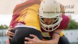  Presentation with sports field - Audience pleasing presentation design consisting of photo of two rugby athletes fighting on sports field with motion blur from action backdrop and a coral colored foreground