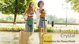  Presentation with women retro - Beautiful PPT layouts featuring photo of two smiling attractive women taking photo on retro camera while walking with suitcases at green city boulevard backdrop and a yellow colored foreground