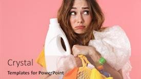  Presentation with basic - Cool new theme with photo of unhappy young woman in basic t-shirt holding bag with plastic waste and looking aside isolated over pink background backdrop and a coral colored foreground