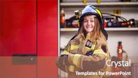  Presentation with fire truck - Presentation having photo of woman firefighter background and a coral colored foreground