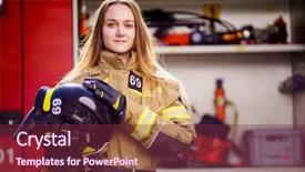  Presentation with fire truck - PPT layouts having photo of woman firefighter background and a tawny brown colored foreground