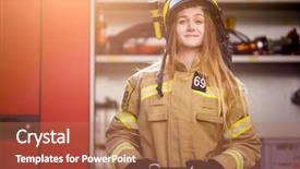  Presentation with fire station - Audience pleasing slide deck consisting of photo of woman firefighter backdrop and a coral colored foreground