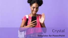 Presentation with african violet - Beautiful presentation featuring photo of young african american woman wearing backpack and white headphones using smartphone isolated over violet background backdrop and a light blue colored foreground
