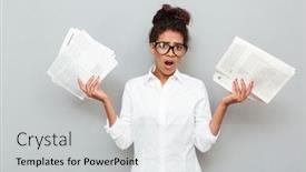  Presentation with newspapers - Beautiful theme featuring photo of young african confused business woman standing over grey wall with newspapers looking camera backdrop and a light gray colored foreground