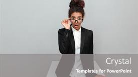  Presentation with business concepts photo - Amazing PPT theme having photo of young african shocked business woman over grey wall looking camera standing near table backdrop and a gray colored foreground