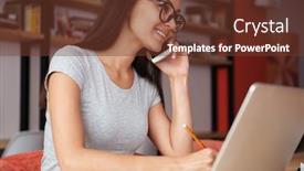  Presentation with coworking - Audience pleasing slide set consisting of photo of young amazing caucasian lady sitting indoors using laptop computer and talking by phone coworking concept backdrop and a tawny brown colored foreground