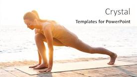 Presentation with amazing - Theme enhanced with photo of young amazing strong fitness beautiful woman outdoors on beach with fitness rug make stretching exercise background and a white colored foreground