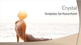  Presentation with strong - Slide deck consisting of photo of young amazing strong fitness beautiful woman outdoors on beach with fitness rug make stretching exercise background and a white colored foreground