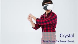  Presentation with cage - PPT theme featuring photo of young asian man dressed in casual shirt in a cage and wearing virtual reality device and holding an imagine tennis racket isolated over white background background and a sky blue colored foreground