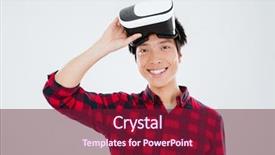  Presentation with cage - Audience pleasing PPT theme consisting of photo of young asian man dressed in casual shirt in a cage and wearing virtual reality device isolated over white background backdrop and a violet colored foreground