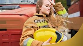 Presentation with firefighter - Colorful presentation design enhanced with photo of young blonde firefighter on background of fire engines backdrop and a coral colored foreground