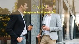 Presentation with takeaway coffee - Colorful presentation theme enhanced with photo of young businessmen in suits standing outdoor near building with takeaway coffee during sunny day backdrop and a coral colored foreground