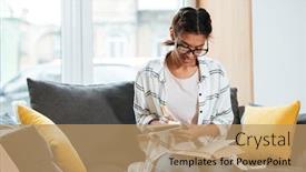  Presentation with book glasses - Theme having photo of young cheerful african lady wearing glasses sitting in library holding book and writing notes background and a coral colored foreground