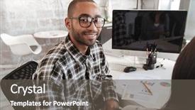  Presentation with business concepts photo - PPT theme featuring photo of young cheerful business couple in office working with computer focus on man background and a dark gray colored foreground