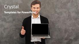  Presentation with photo display - Cool new slide deck with photo of young cheerful businessman standing over grey wall background looking camera showing display of laptop computer make thumbs up backdrop and a gray colored foreground